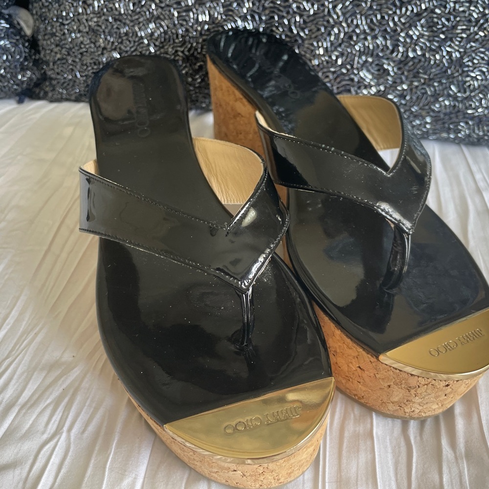 Jimmy Choo Black Patent Leather Wedge Sandals